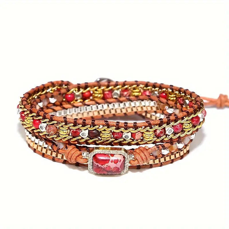 Red Sea Sediment Jasper Dainty 3-Layer Leather Wrap Around Bracelet
