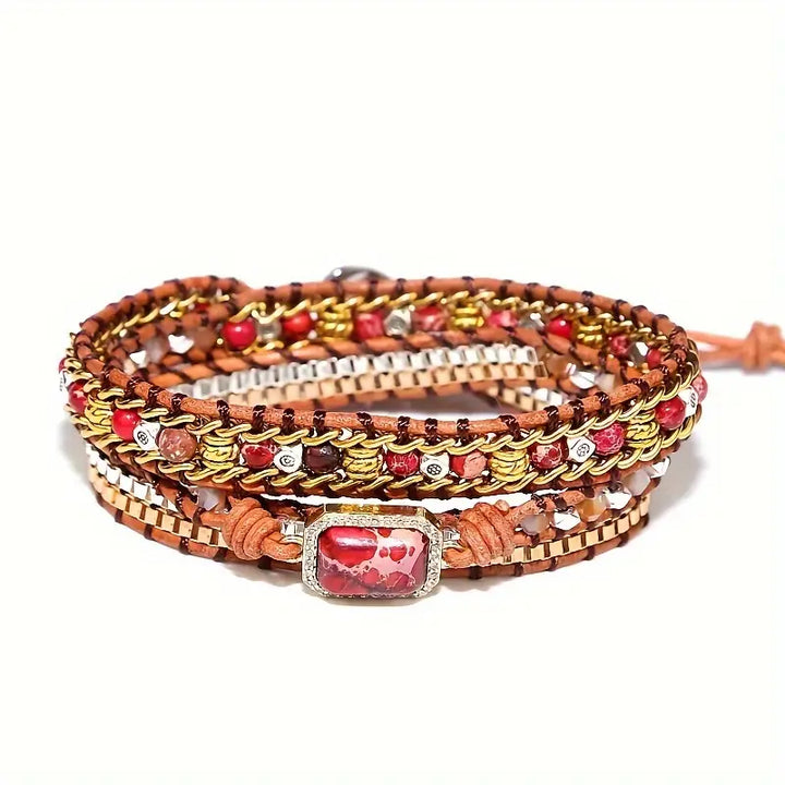 Red Sea Sediment Jasper Dainty 3-Layer Leather Wrap Around Bracelet
