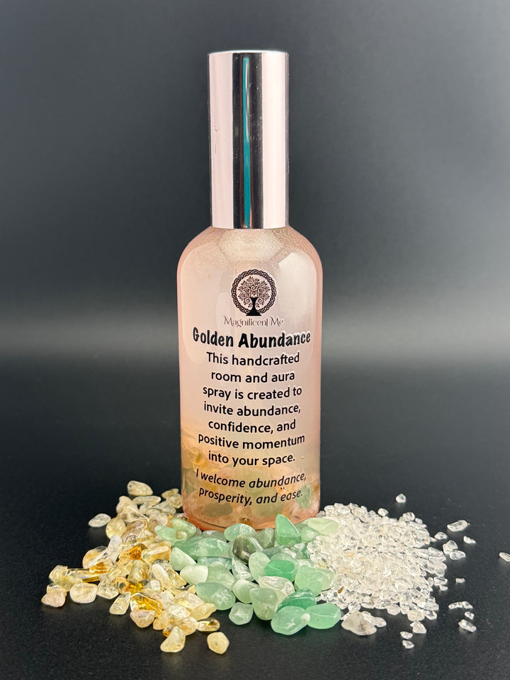 Crystal-infused Golden Abundance Room & Aura Spray designed to attract prosperity, abundance, confidence, and positive momentum.