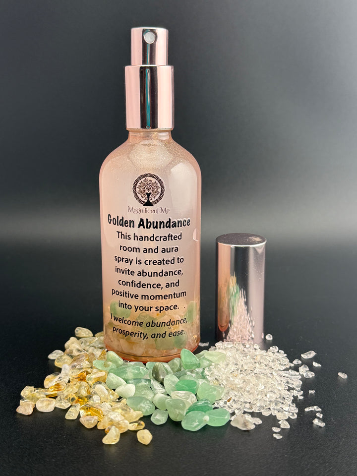 Golden Abundance Room & Aura Spray 100ml by Magnificent Me for abundance, prosperity, confidence, success, and positive energy.