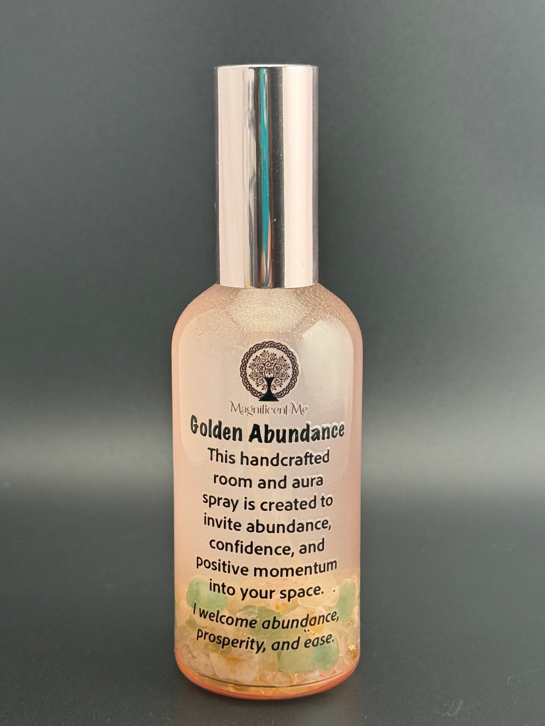 Handcrafted Golden Abundance aura spray for manifestation, prosperity, success, confidence, and uplifting energy.