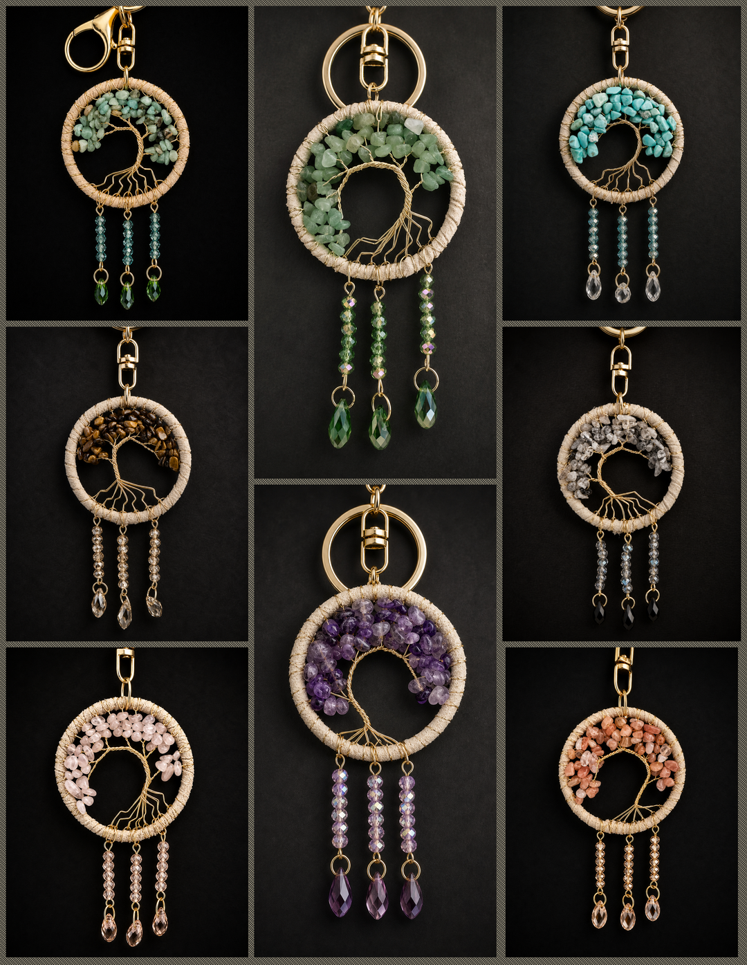 Tree of Life Crystal Keychain & Purse Charm Natural Healing Stone Energy Accessory