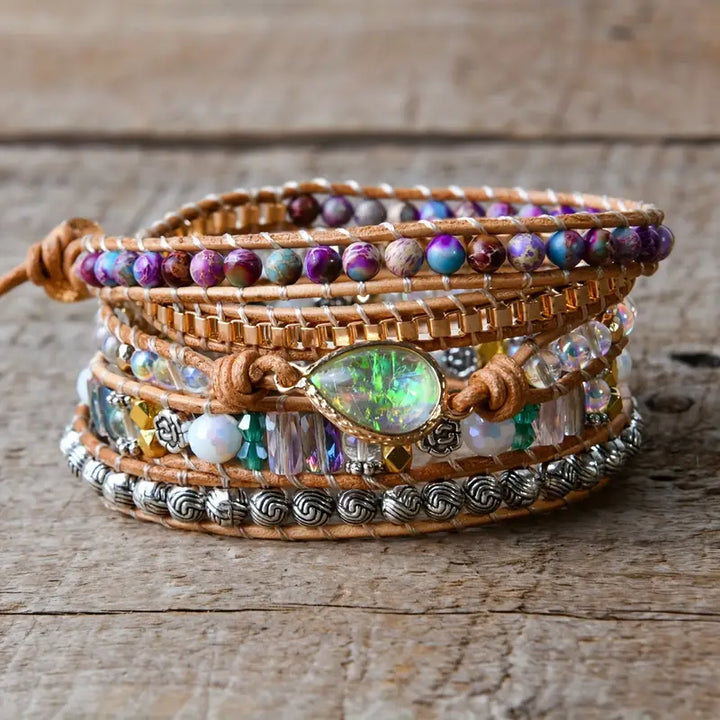 Opal Jasper Elegance 5-Layer Leather Wrap Around Bracelet