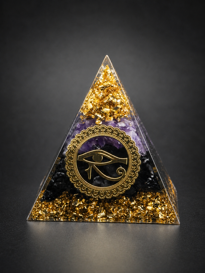 Amethyst and black obsidian orgone pyramid with Eye of Ra symbol for protection, intuition, and energy balance