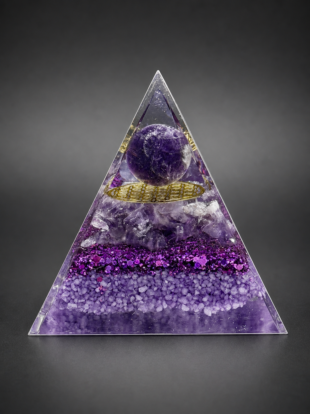 Amethyst orgone pyramid with crystal sphere for protection, intuition, and energy balance