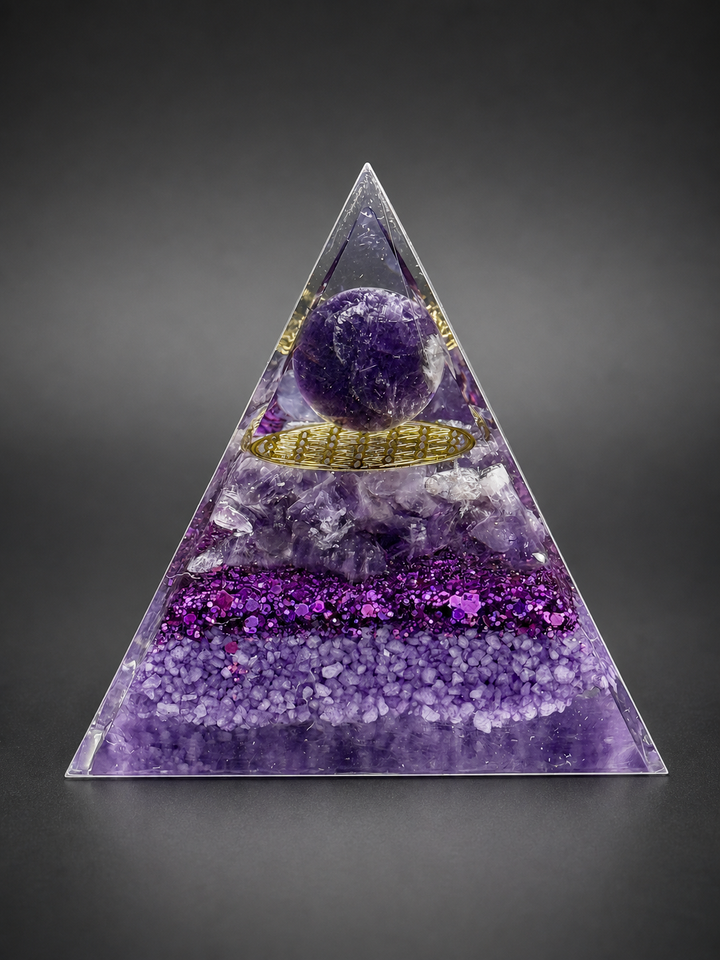 Amethyst orgone pyramid with crystal sphere for protection, intuition, and energy balance
