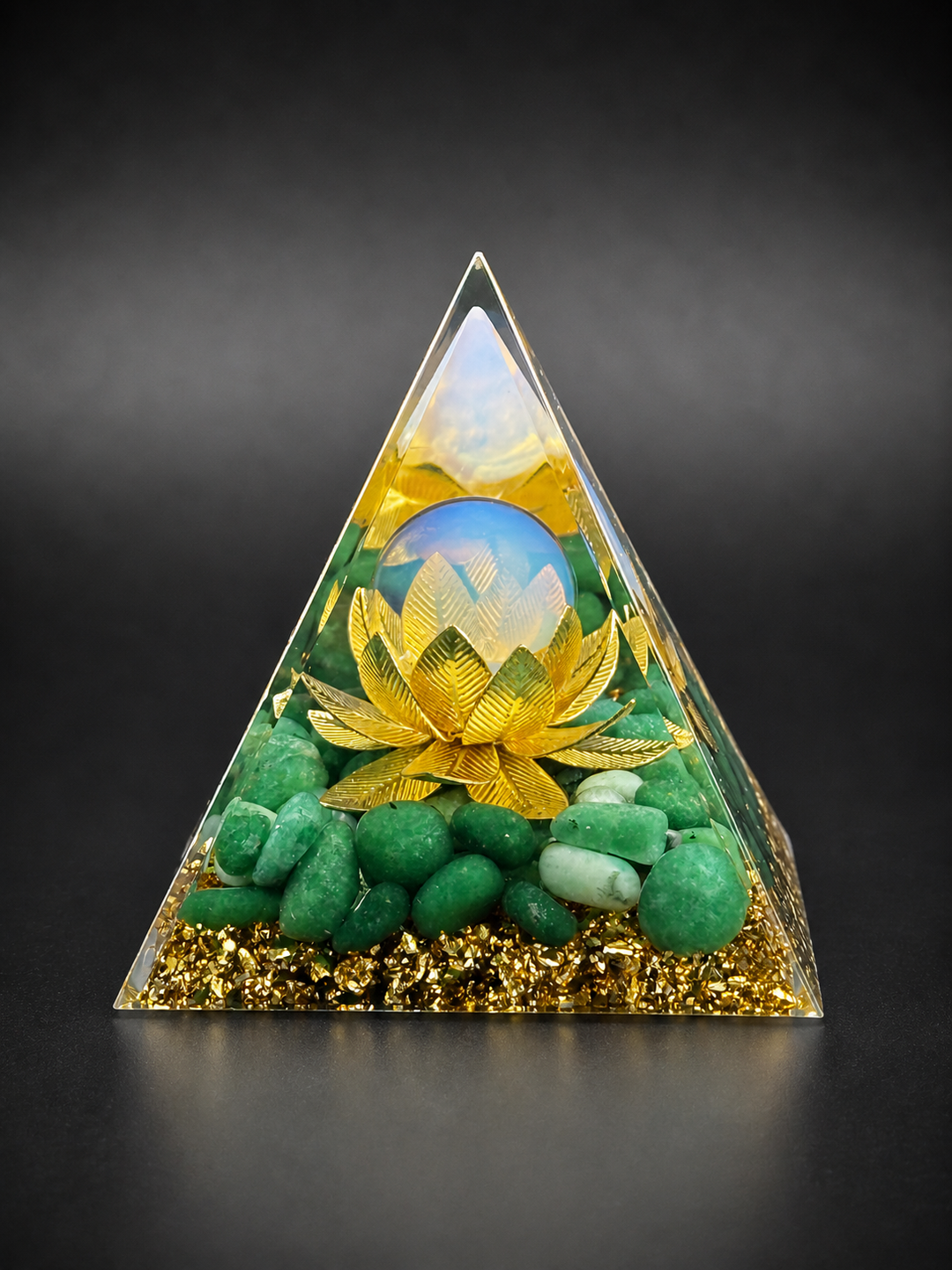 Green aventurine orgone pyramid with lotus flower for abundance, heart chakra healing, and energy balance