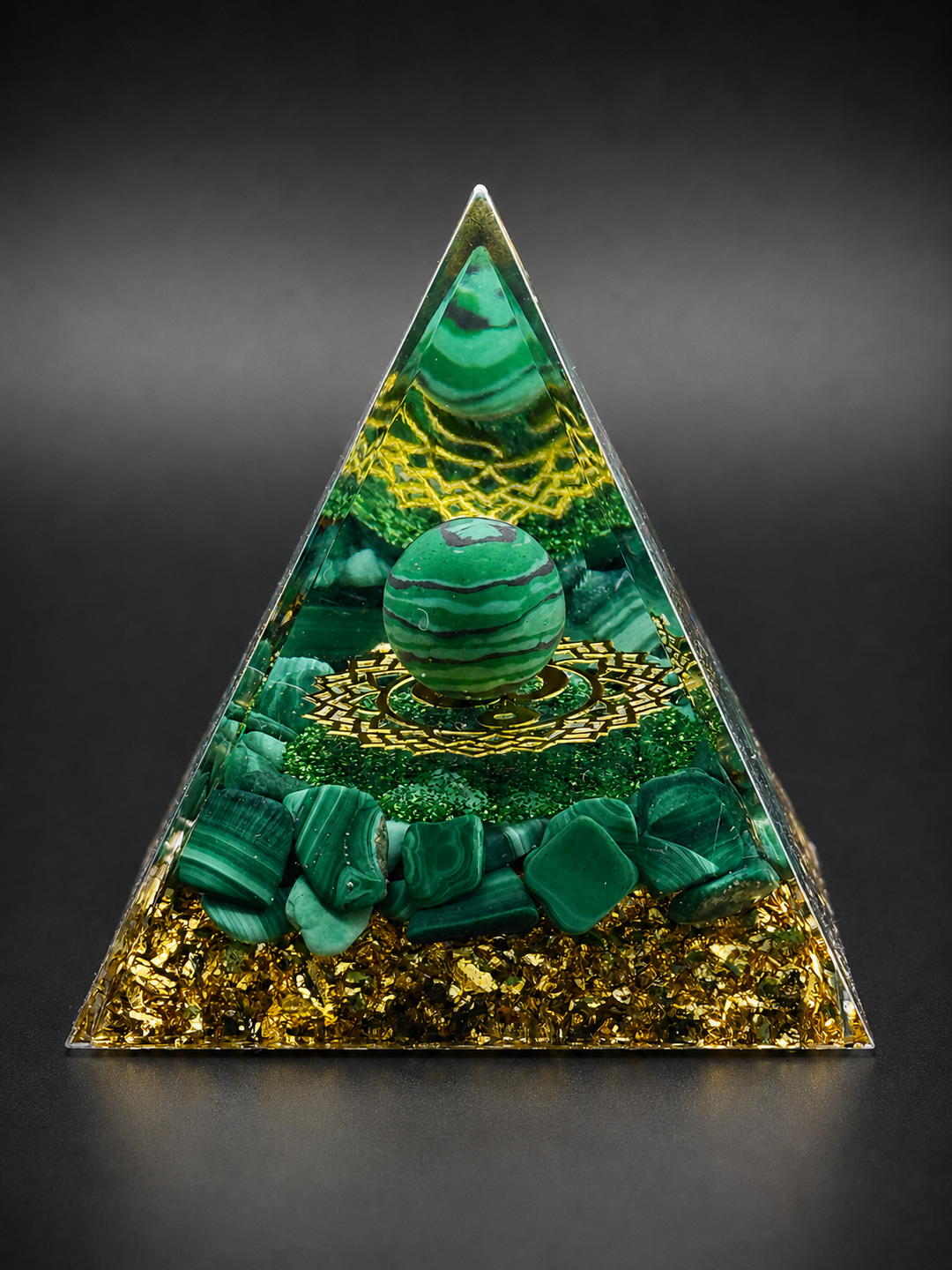 Malachite orgone pyramid with crystal sphere for protection, transformation, and heart chakra balance