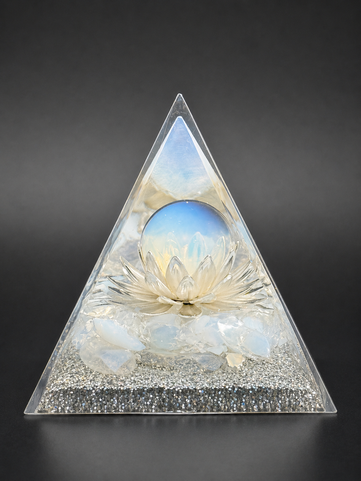 Opalite orgone pyramid with lotus for energy balance and spiritual décor