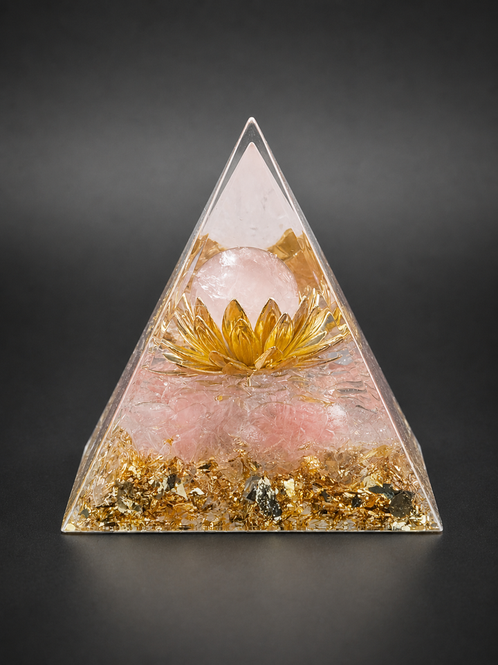 Rose quartz orgone pyramid with lotus flower for love, emotional healing, and energy balance
