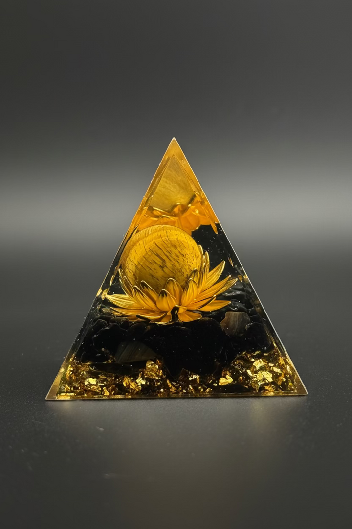 Tigers eye orgone pyramid with crystal sphere for protection, confidence, and grounding energy