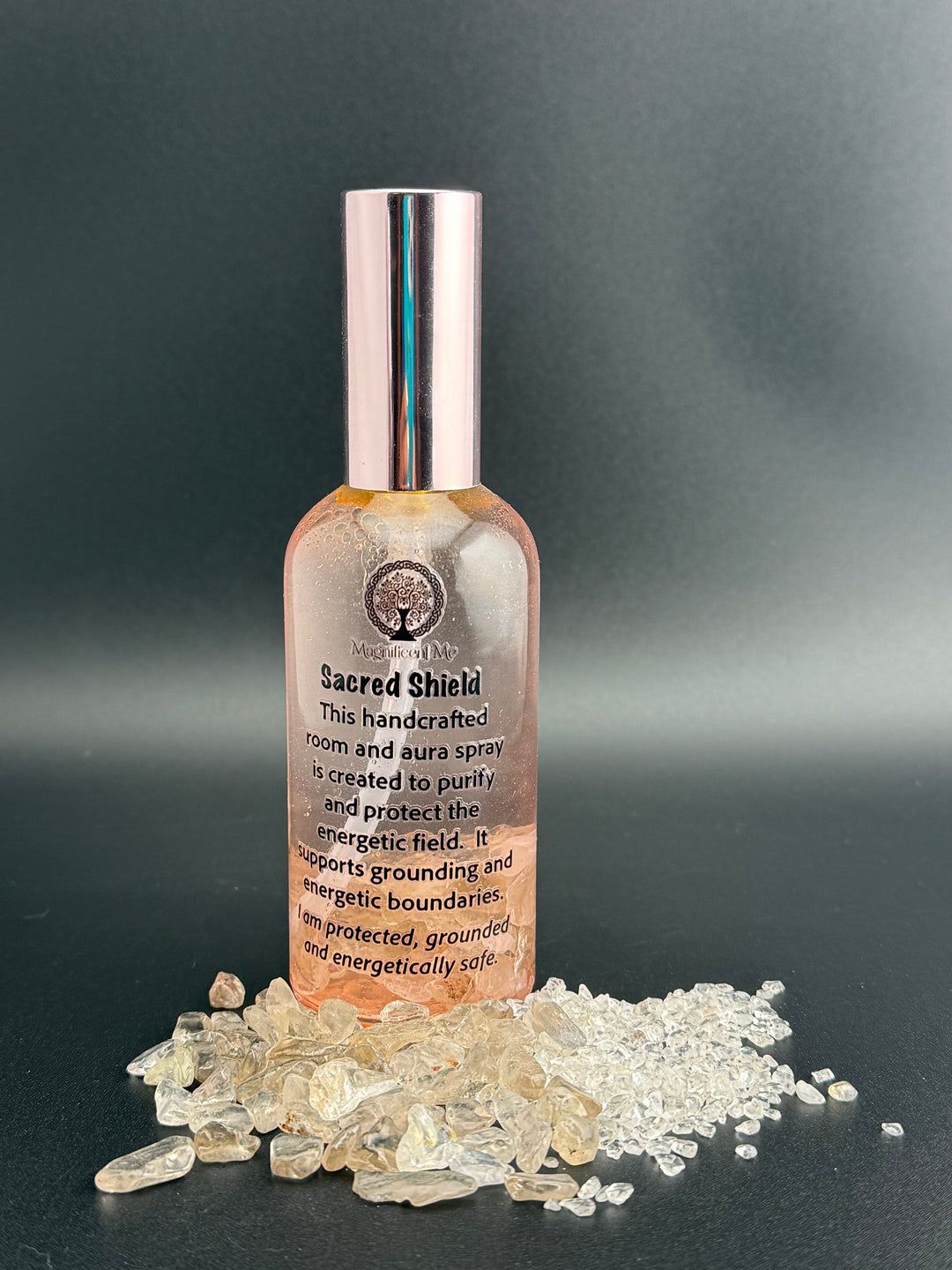 Handcrafted Sacred Shield Room & Aura Spray with crystal energy to support grounding, energetic boundaries, and protection from negative energy.
