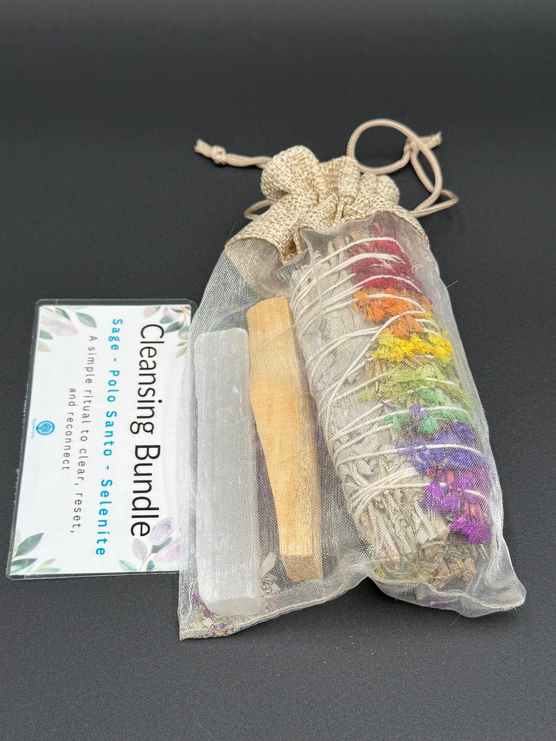 Energy cleansing bundle with sage, palo santo and selenite crystal for space clearing rituals