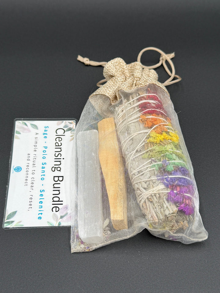 Energy cleansing bundle with sage, palo santo and selenite crystal for space clearing rituals