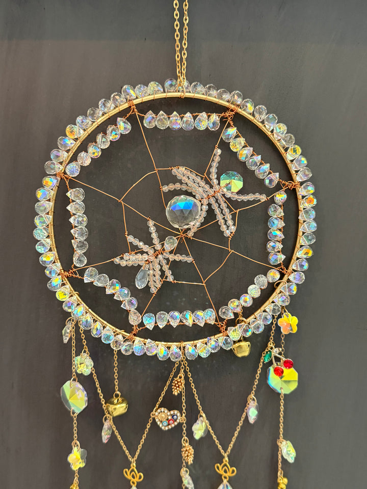 spider sun catcher crystal decor with clear crystals gold charms heart and cherries and evil eye