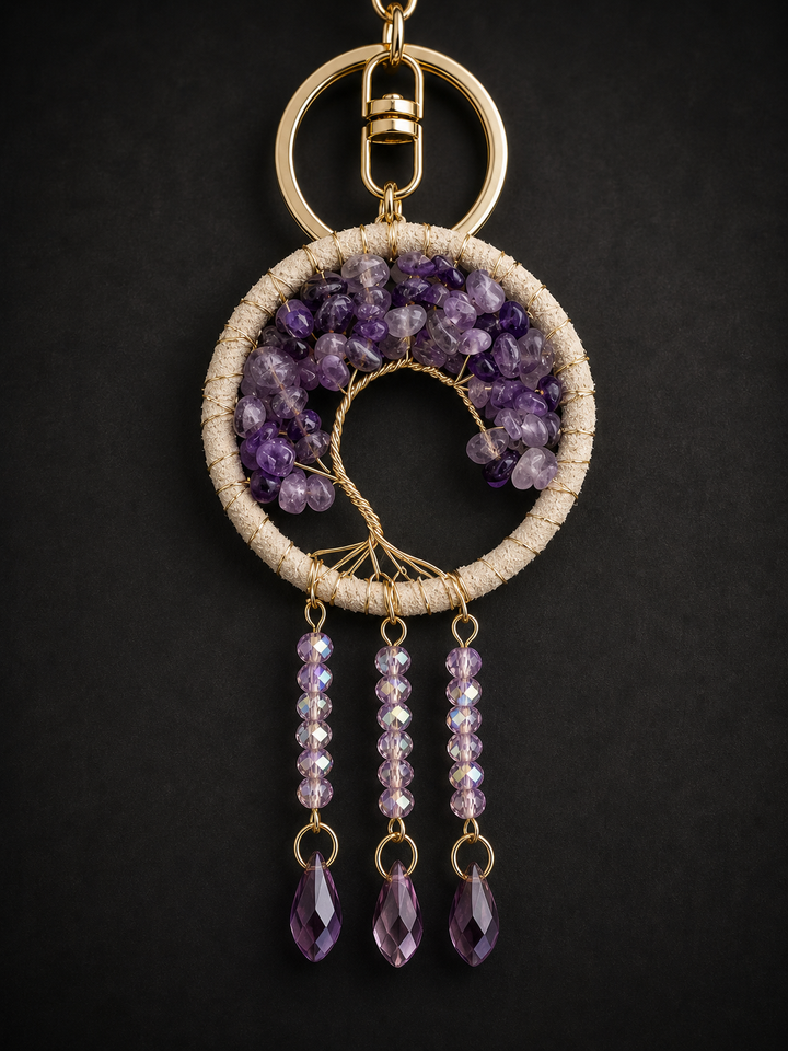 Tree of life keychain or purse charm with Amethyst crystal chips, gold wire design, and dangling teardrop crystals