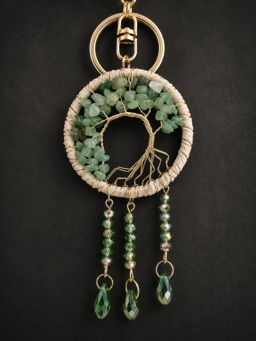 Tree of life keychain or purse charm with Green Aventurine crystal chips, gold wire design, and dangling teardrop crystals