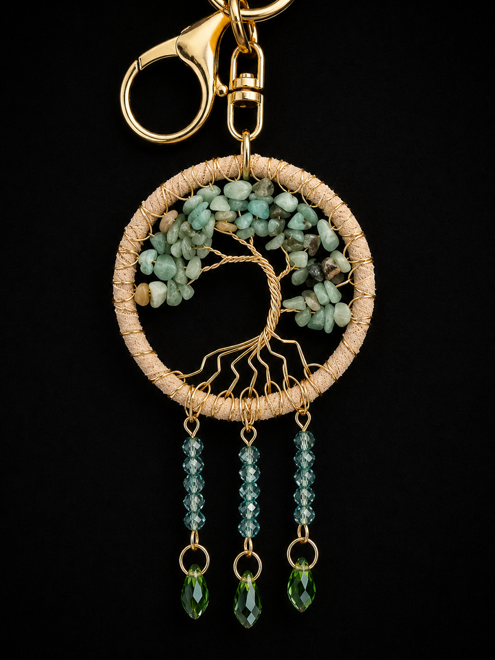 Tree of life keychain or purse charm with amazonite crystal chips, gold wire design, and dangling teardrop crystals