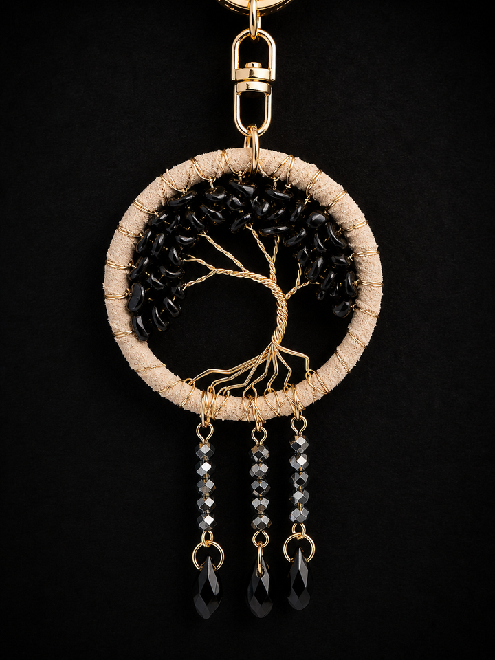 Tree of life keychain or purse charm with black obsidian crystal chips, gold wire design, and dangling teardrop crystals