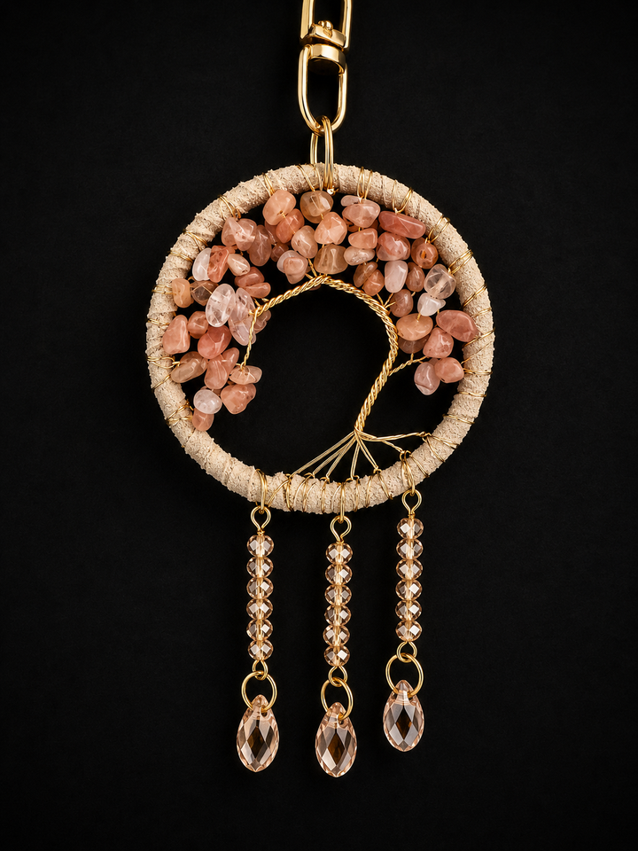 Tree of life keychain or purse charm with carnelian crystal chips, gold wire design, and dangling teardrop crystals