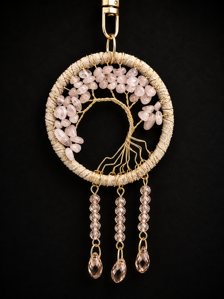 Tree of life keychain or purse charm with rose quartz crystal chips, gold wire design, and dangling teardrop crystals