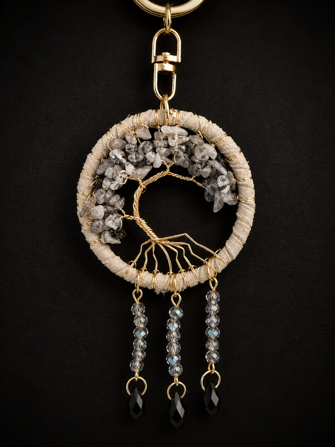 Tree of life keychain or purse charm with snowflake obsidian crystal chips, gold wire design, and dangling teardrop crystals
