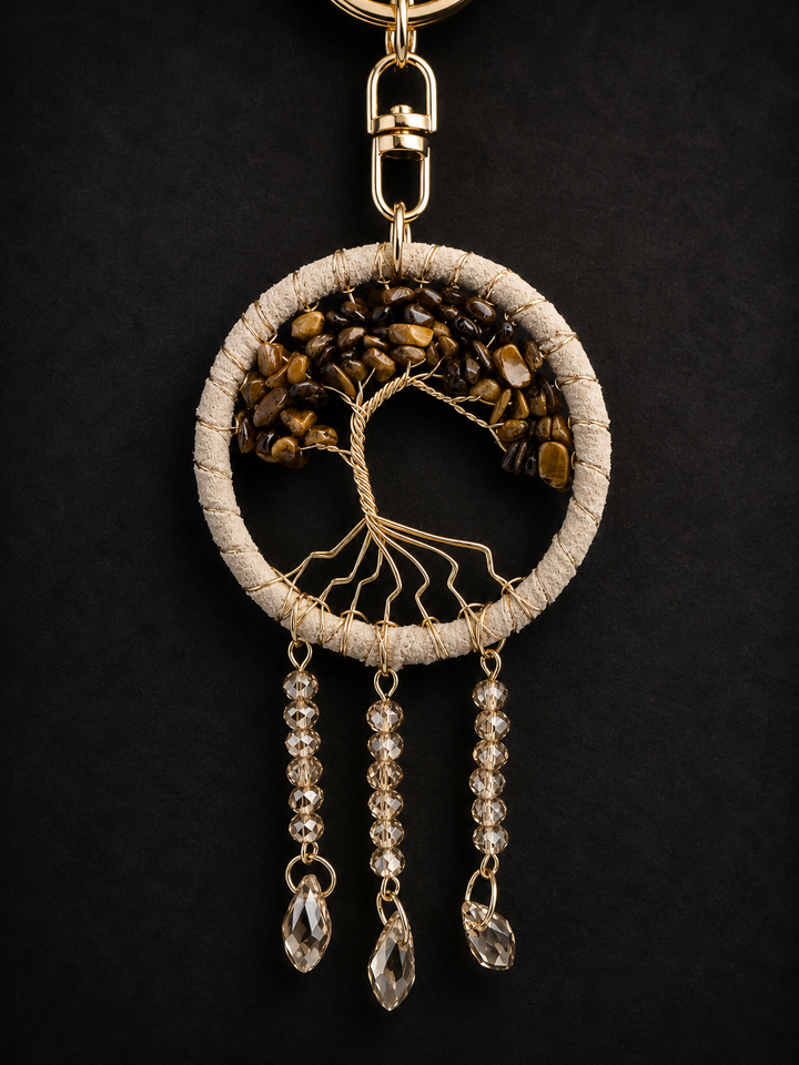 Tree of life keychain or purse charm with Tiger's eye crystal chips, gold wire design, and dangling teardrop crystals
