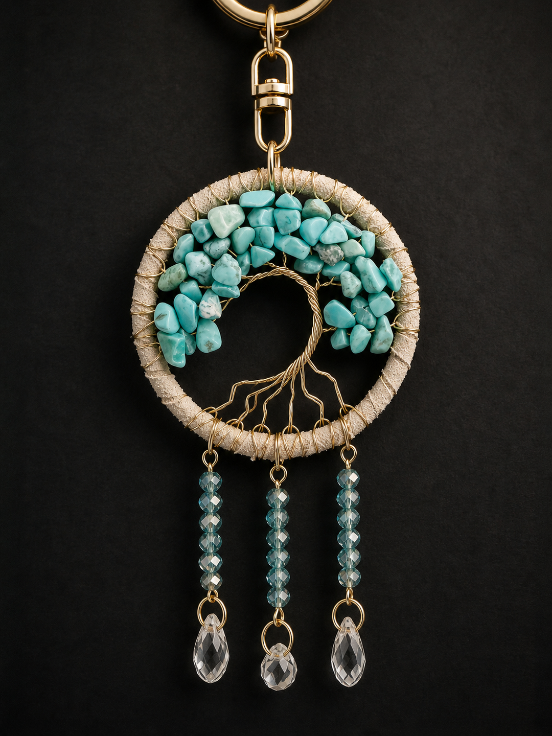 Tree of life keychain or purse charm with Turquoise crystal chips, gold wire design, and dangling teardrop crystals